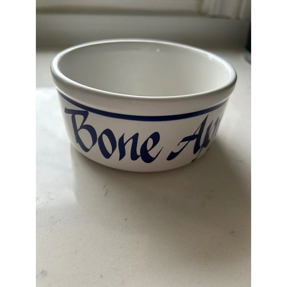 Dog bowl Clay Design White‎ Ceramic Bowl Blue Lettering Bone Appetite